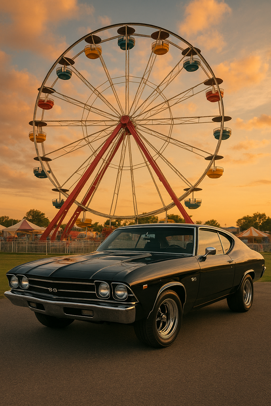 Car in front of ferris wheel
